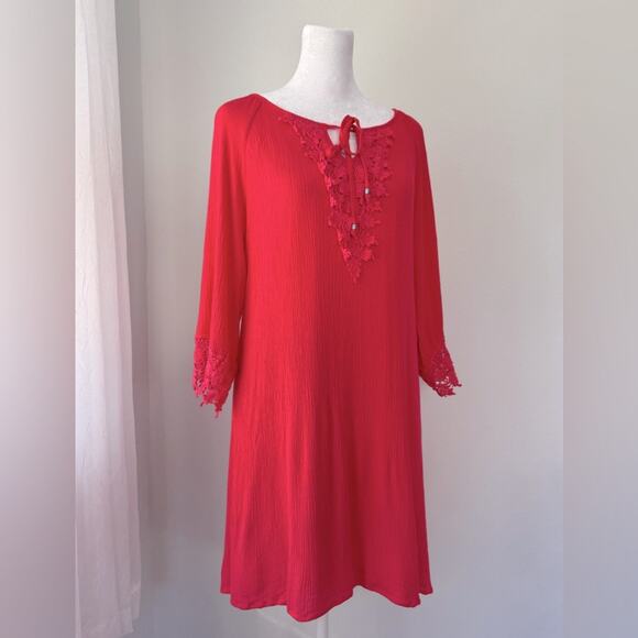 Naïf Coral Pink 3/4 Sleeve Crochet Shift Tunic Mini Dress - Picture 3 of 9